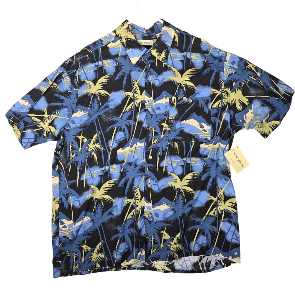 Munsingwear Mens Palm Tree‎ Island Print Button Down Shirt Black Blue M5SW0277 L